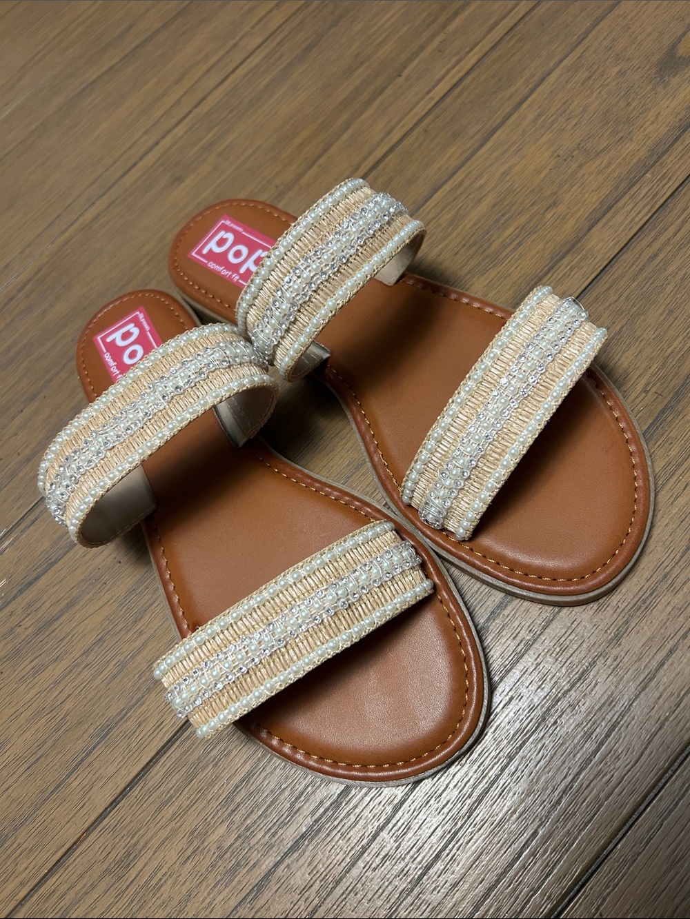 Beaded Double-Strap Sandals in Tan and Cream with beads and bling - NWOB